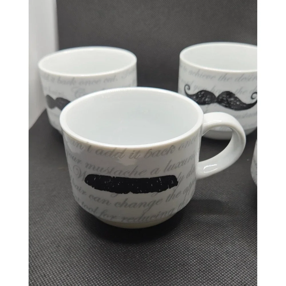 Set of 4 Pier 1 Mustache Ceramic Coffee Mugs White Black Handlebar Chevron Mugs